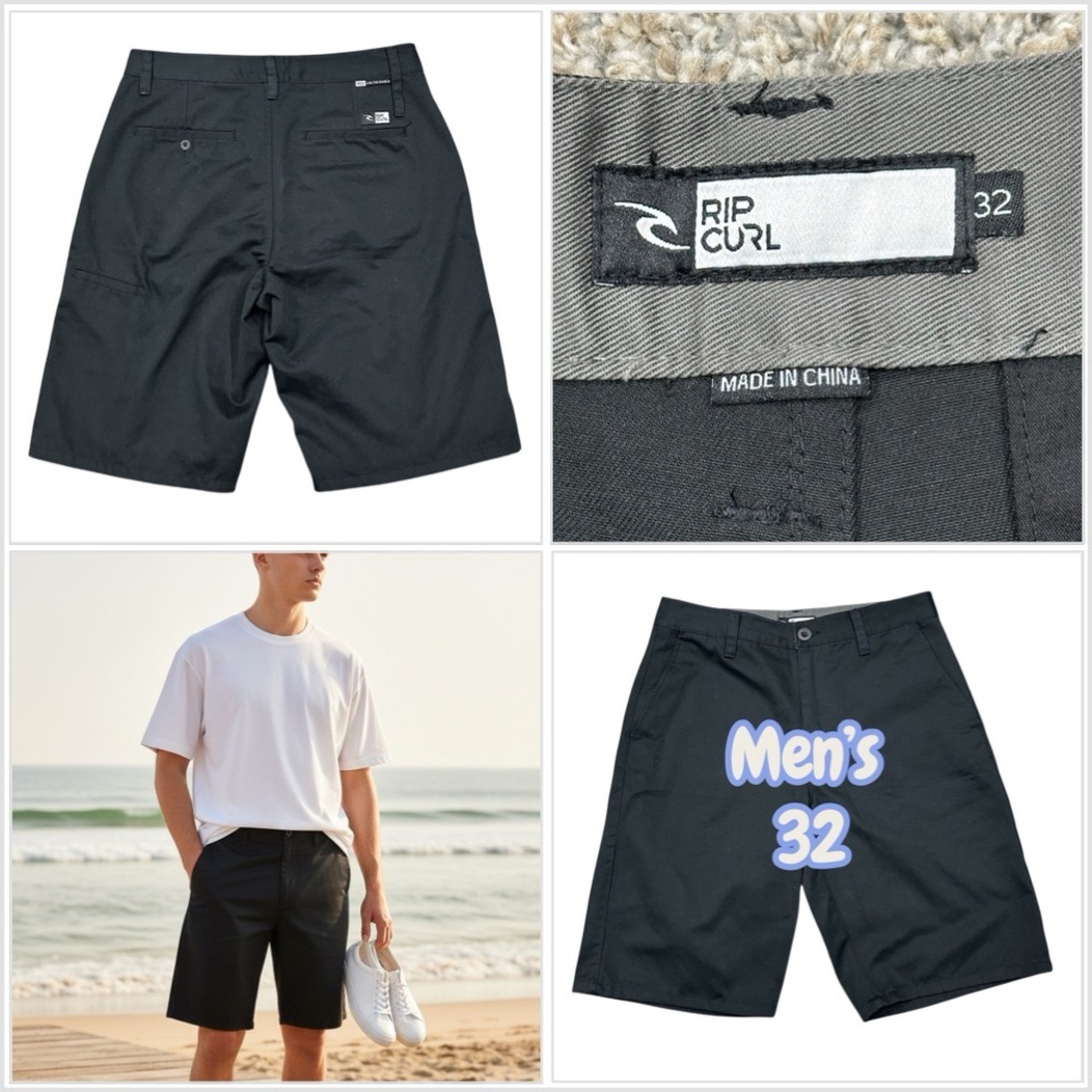 Mens Rip Curl 32 Medium Black Shorts Black Twill Khakis Chino 5 Pockets